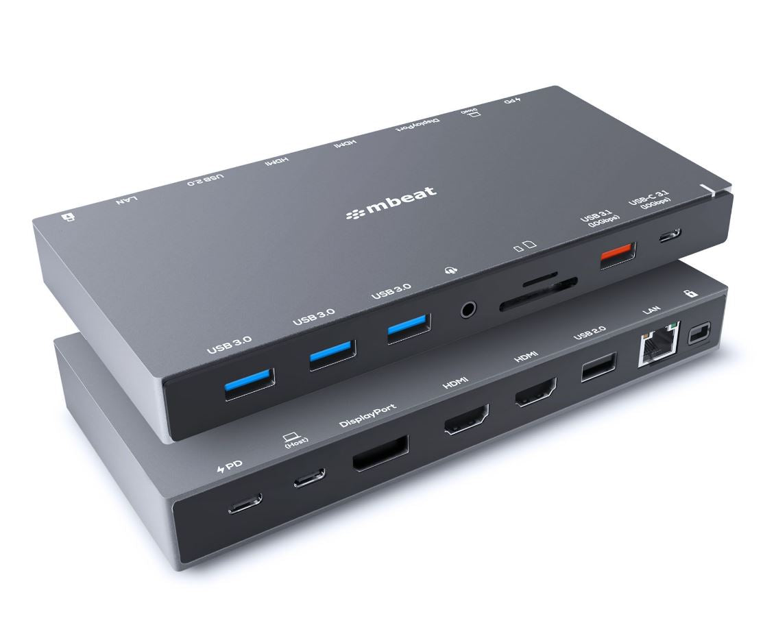 mbeat 15-in-1 Triple Display USB-C Docking Station 2x HDMI 1x DP 1x 100W PD 3.0 1x USB-C 3.1 Gen2 3x USB 3.0 1x USB 3.1 Gen2 MicroSD/SD Card 1x 1Gb mbeat 15-in-1 Triple Display USB-C Docking Station 2x HDMI 1x DP 1x 100W PD 3.0 1x USB-C 3.1 Gen2 3x USB 3.0 1x USB 3.1 Gen2 MicroSD/SD Card 1x 1Gb